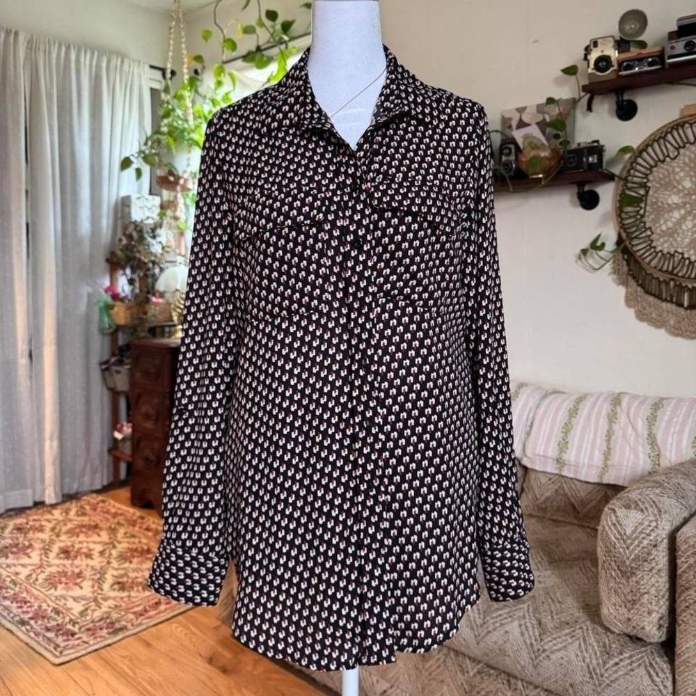 Zac & Rachel Geometric Print Roll Tab Sleeve Button Up Blouse Black Red White M